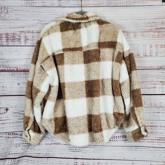 Le Lis Fuzzy Shacket Sweater Coat Cozycore Boho Aesthetic Brown/White Check Sz L - Picture 4 of 10